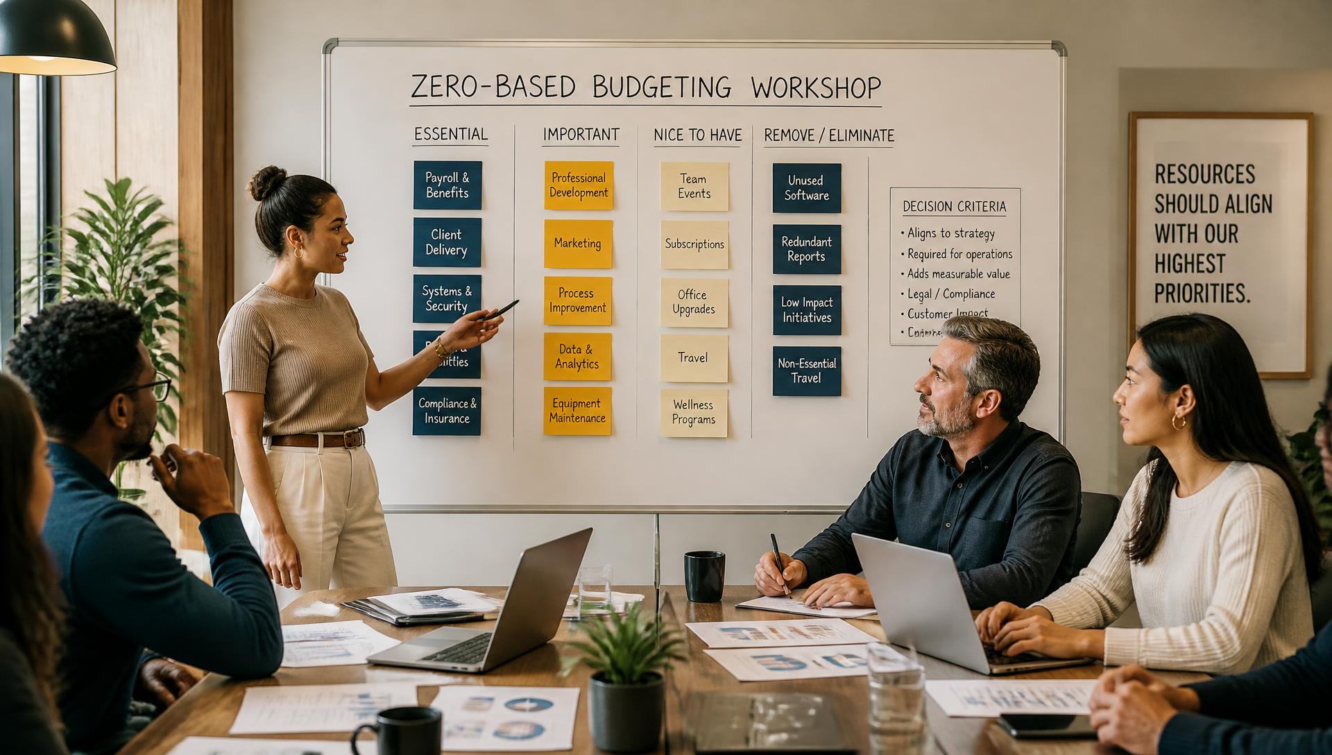 ZBB workshop with cost charts and sticky notes