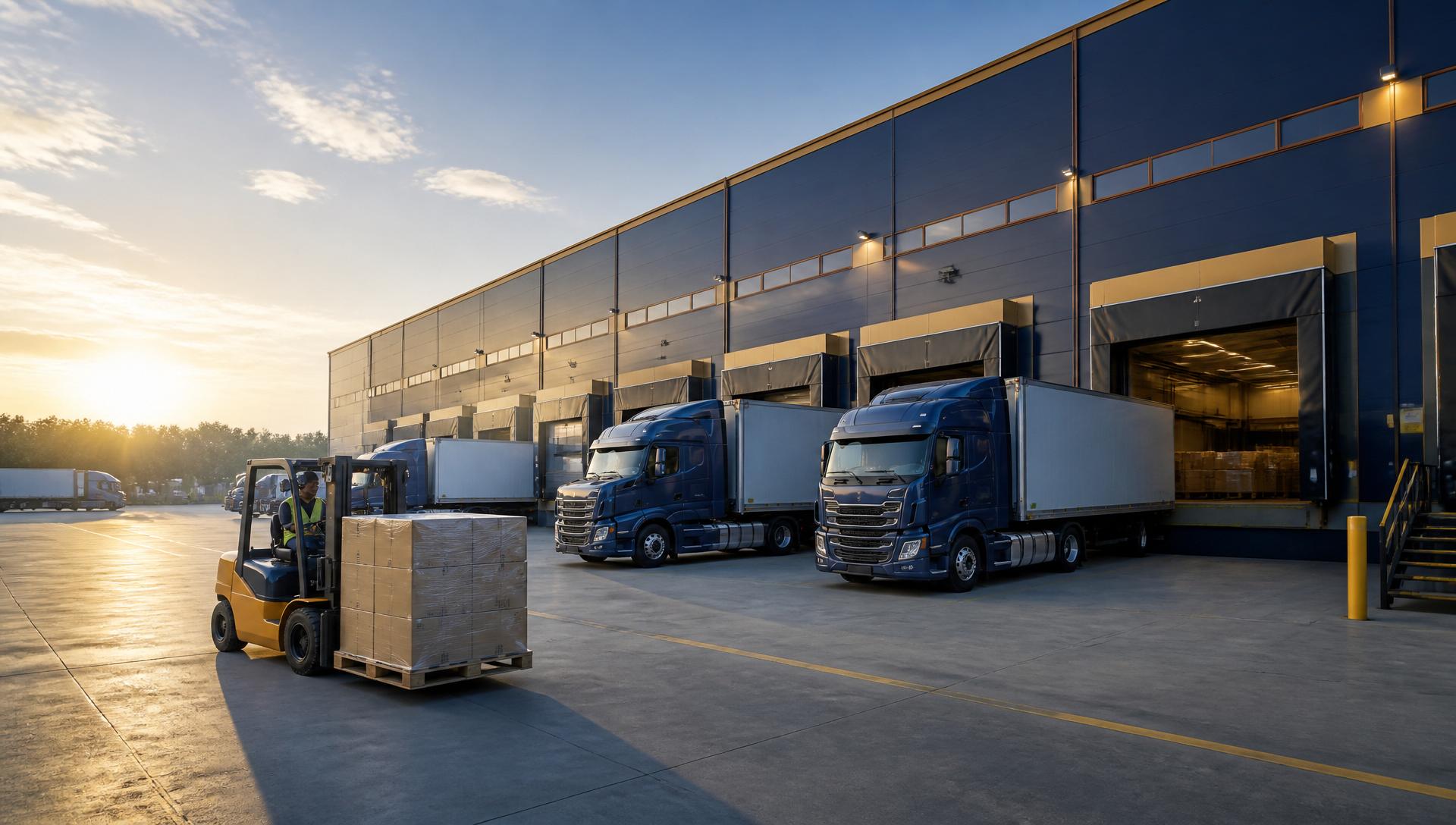 Logistics yard with trucks and loading ramps