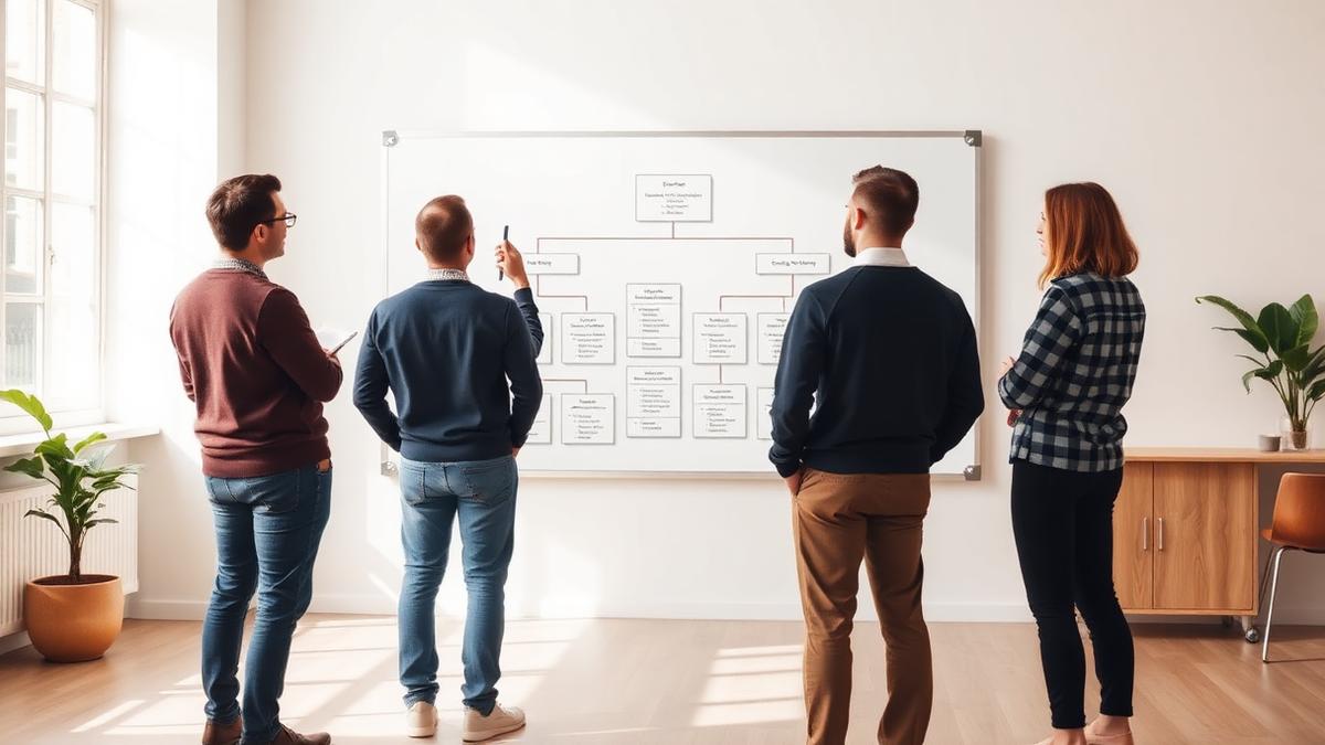 Org design session reviewing a large org chart on a wall board
